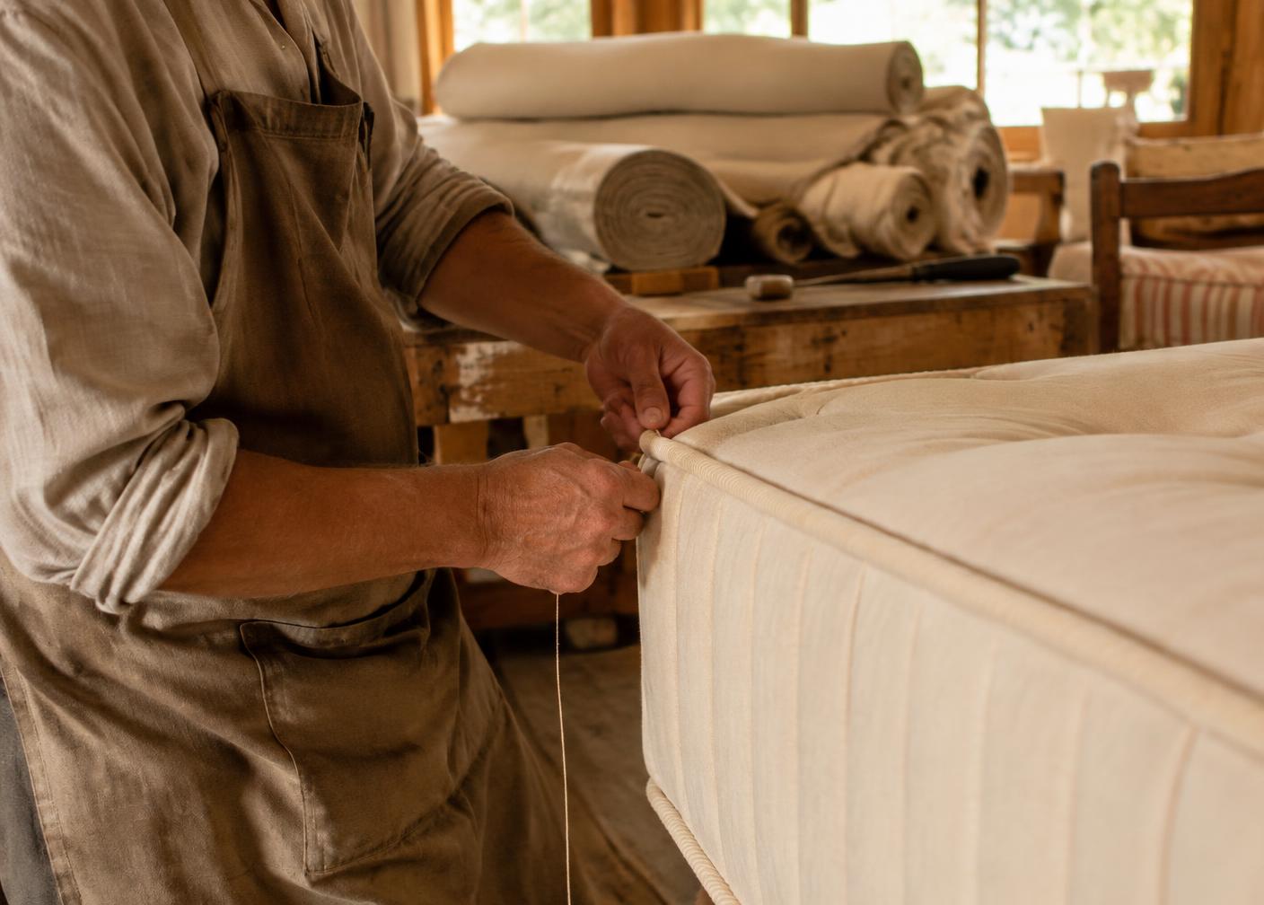Artesano cosiendo un colchón en la fábrica